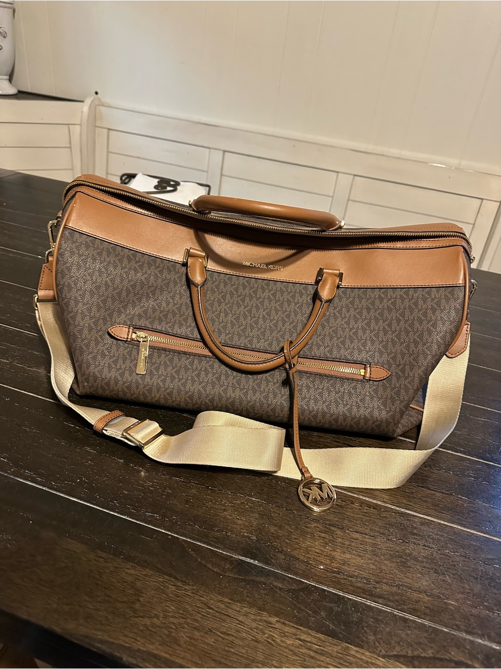 Michael Kors Brown Signature MK Print Travel Duffle with Tan Trim